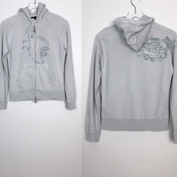 BCBGMaxAzria Tops - BCBGMaxAzria Grey Embellished Hoodie Pocket Size M
